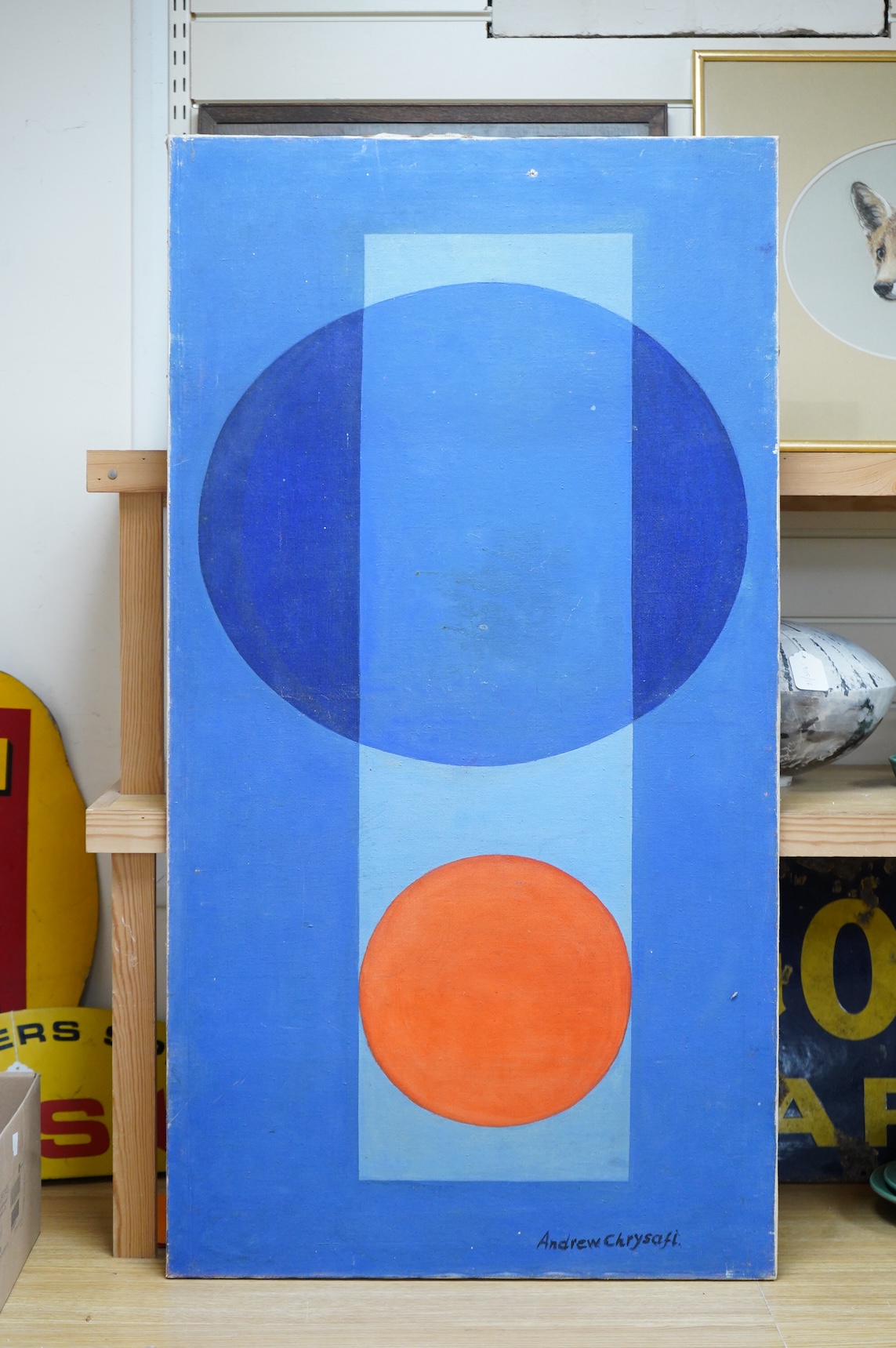 Andrew Chrysafi (b.1938), Untitled geometric abstract composition, signed, mid century oil on canvas, unframed, 114 x 61cm